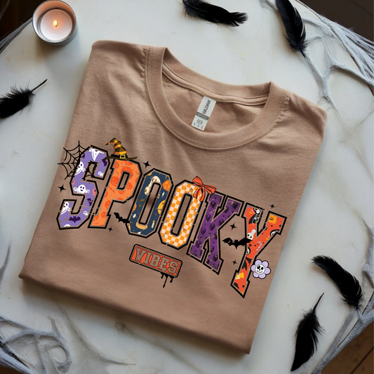 Patchwork Spooky Vibes – Halloween Tee