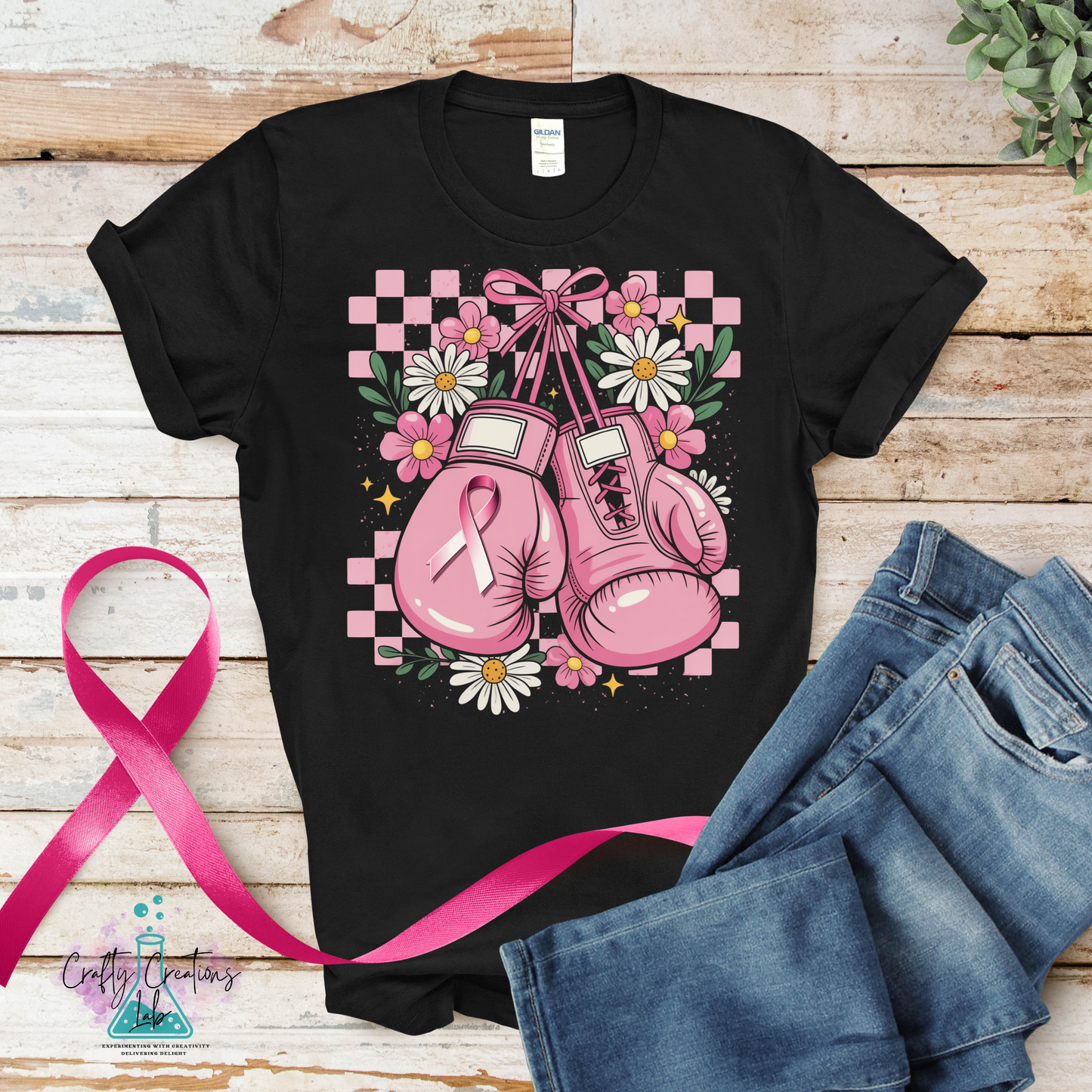 Boxing Gloves & Flowers – Fight Breast Cancer Tee