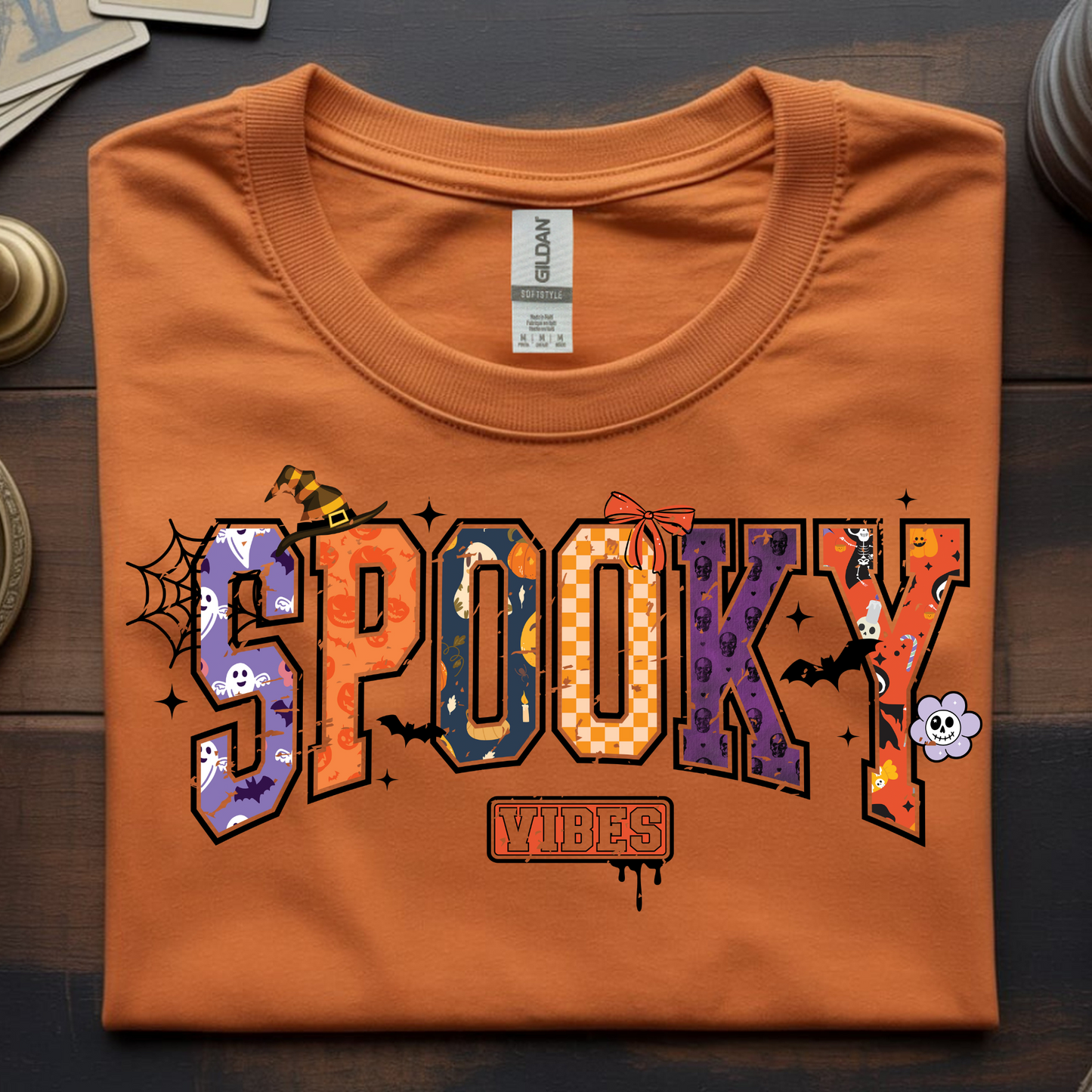 Patchwork Spooky Vibes – Halloween Tee