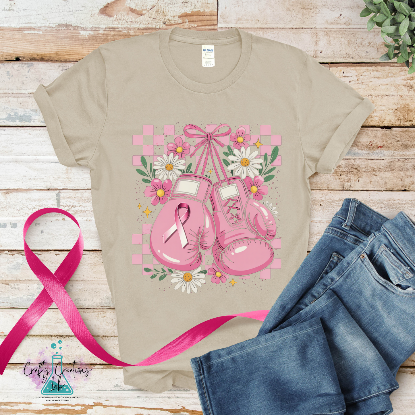 Boxing Gloves & Flowers – Fight Breast Cancer Tee